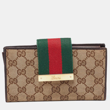 Beige/Ebony GG Canvas and Leather Ladies Web Continental Wallet