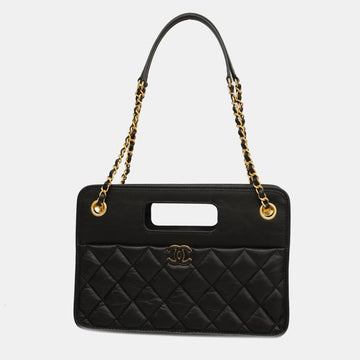 Black Lambskin Leather Graphic Catch Handle Bag