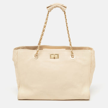 Beige Caviar Leather Reissue Large Shopper Tote