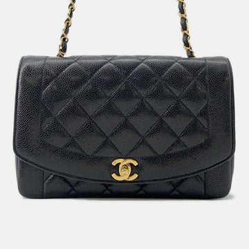 Black Caviar Leather Diana Single Flap Chain Shoulder Bag 25