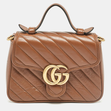 Brown Matelass&eacute; Leather Mini GG Marmont Top Handle Bag