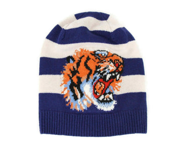 Gucci Men's Blue / White Striped Wool Knit Beanie Hat With Tiger Head M / 58