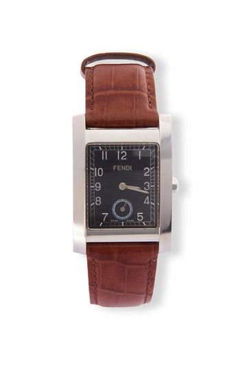 Vintage Fendi Silver Plated Watch with Tan Croc Leather Strap
