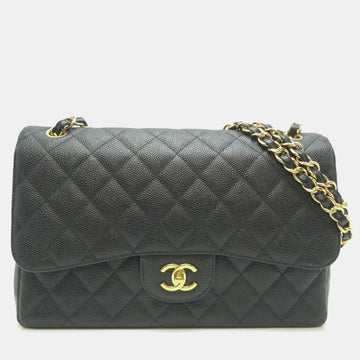 Black Caviar Leather Jumbo Classic Double Flap Shoulder Bag