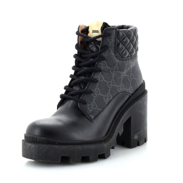 Women's Lace Up Heeled Ankle Boots EC Coated Canvas with Quilted Leather