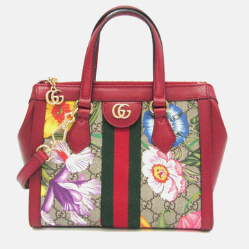 Beige/Red Canvas and Leather Ophidia Flora Shoulder Bag