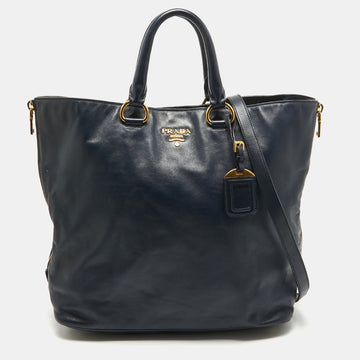 Navy Blue Leather Side Zip Tote