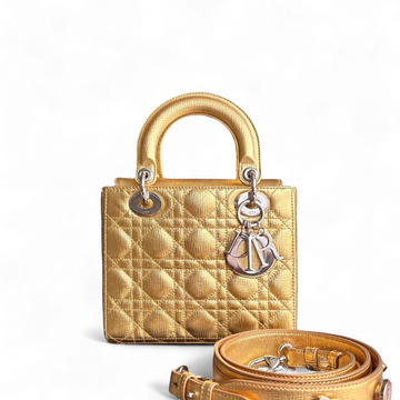 Dior Lady Small - Cannage Metallic Calfskin Gold Silver Hardware