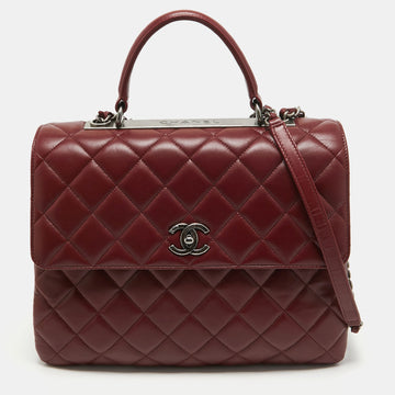 Dark Red Quilted Leather Large Trendy CC Top Handle Bag