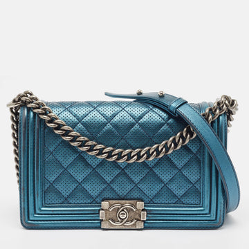 Metallic Blue Perforated Quilted Leather Medium Boy Flap Bag