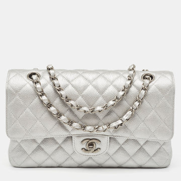 Silver Quilted Caviar Leather Medium Classic Double Flap Bag