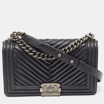 Black Chevron Pleated Leather Medium Boy Flap Bag