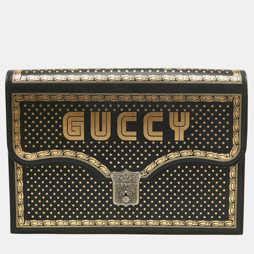 Black/Gold Leather Printed GUCCY Portfolio Clutch
