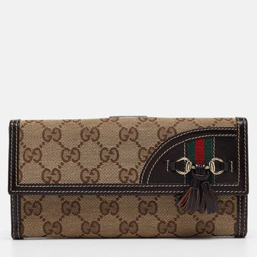 Beige/Brown GG Canvas and Leather Horsebit Tassel Continental Wallet