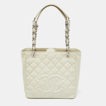 Ivory Quilted Caviar Leather Petite Shopping Tote