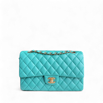 Chanel Classic Flap Medium - 25CM Quilted Lambskin Cyan Blue Gold Hardware Series 27