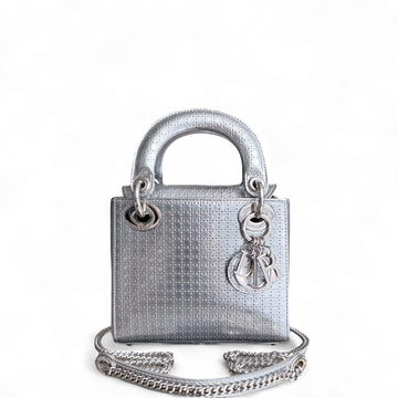 Dior Lady Mini - Metallic Calfskin Micro Cannage Silver Hardware Chain strap