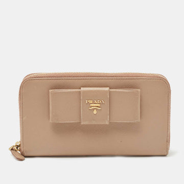 Beige Saffiano Leather Bow Zip Around Wallet