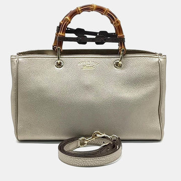 Metallic Grey Leather Bamboo ShopperTote Bag