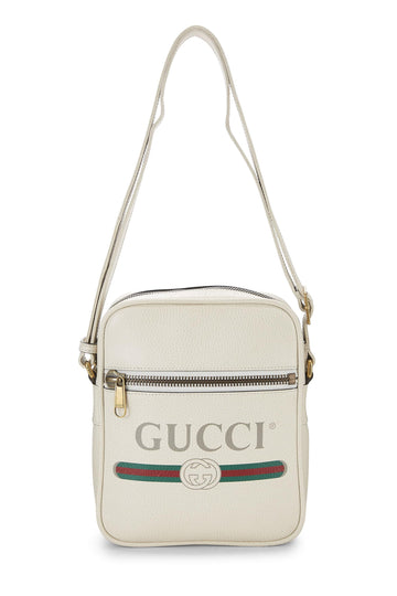 Gucci, White Logo Print Leather Vertical Camera Bag Small, White