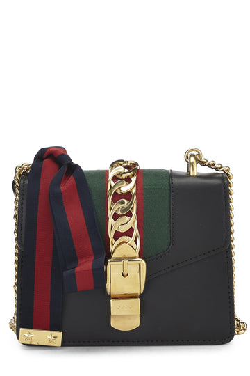 Gucci, Black Leather Web Sylvie Chain Bag Mini, Black