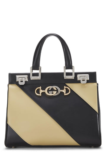 Gucci, Black & Beige Leather Zumi Top Handle Bag Small, Multi