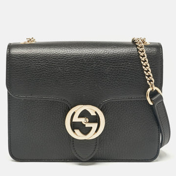 Black Leather Leather Dollar Interlocking Crossbody Bag