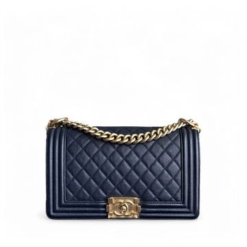 Chanel Boy Medium - Caviar 25CM Quilted Midnight Dark Blue Gold Hardware Series 27