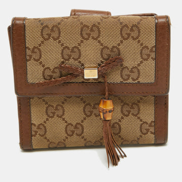 Brown/Beige GG Canvas and Leather Bamboo Tassel Compact Wallet
