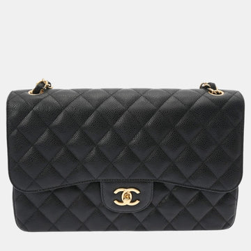 Black Caviar Skin Matelasse Chain Shoulder Bag 30cm