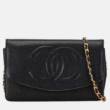 Black Caviar Skin Leather Coco Mark Chain Wallet