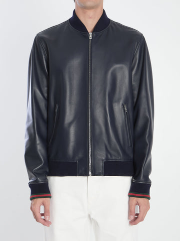 GUCCI Matte Leather Jacket with Web Motif - Size 50