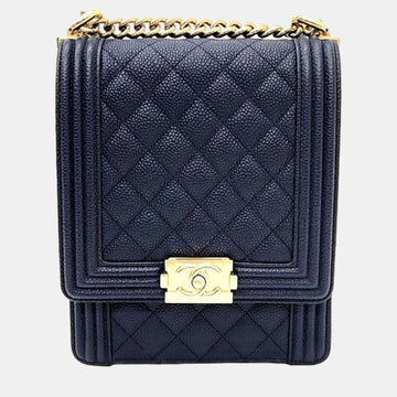 Navy Blue Caviar Leather North/South Quilted Flap Bag