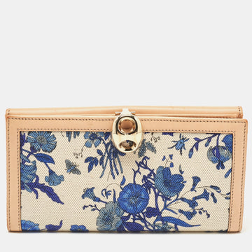 Blue/Beige Floral Print Canvas and Leather Wave Continental Wallet