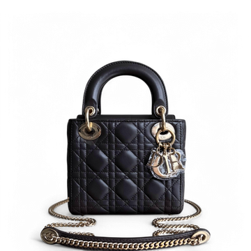 Dior Lady Mini - Cannage Lambskin Dark Grey Gray Gold Hardware Chain Strap