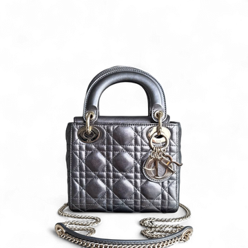 Dior Lady Mini - Cannage Calfskin Silver Gunmetal Gold Hardware Chain Strap