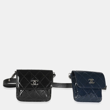 Black Navy Quilted Patent CC Double Chain Mini Waist Bag