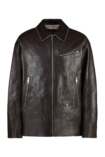 GUCCI Men's 100% Leather Jacket with Contrast Details
