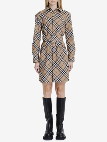 BURBERRY Mini Check Wool Blend Chemisier Dress