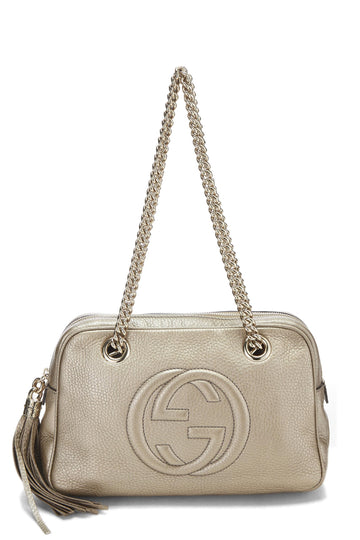 Gucci, Metallic Grey Leather Soho Chain Tote, Grey