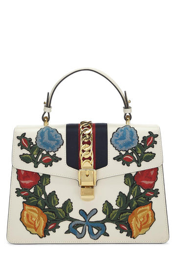 Gucci, White Floral Embroidered Leather Sylvie Medium, White