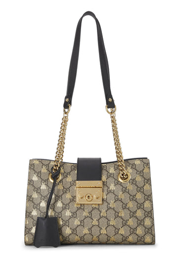 Gucci, Black Original CS Supreme Canvas Bee Padlock Tote Small, Black