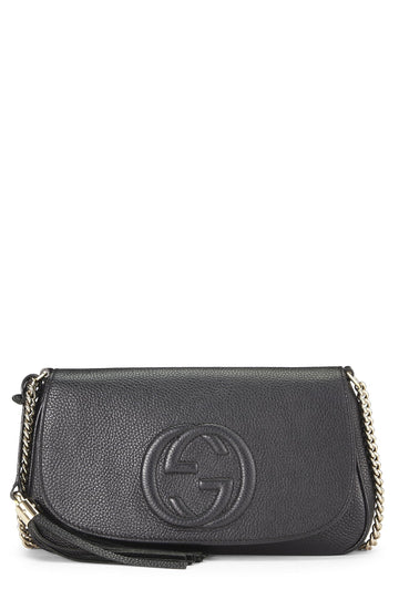 Gucci, Black Grained Leather Soho Chain Flap Crossbody, Black