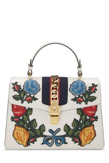 Gucci, White Leather Embroidered Sylvie Top Handle Bag Medium, White