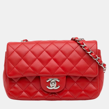Red Mini Rectangular Classic Lambskin Single Flap