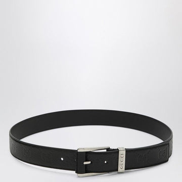 GUCCI Black Leather Belt with GG Pattern and Square Buckle