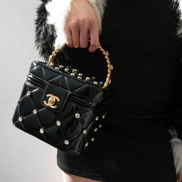 CHANEL 1995 Crystal Vanity Handbag Black Patent Leather