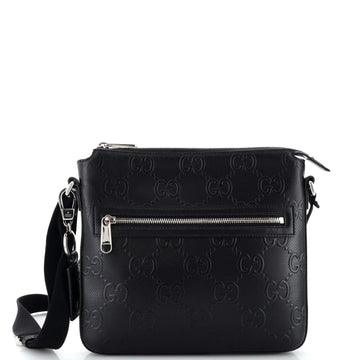 GUCCI Front Zip Messenger GG Embossed Perforated Leather Small