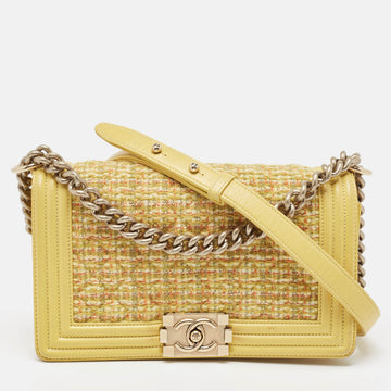 Yellow Quilted Tweed and Leather Medium Boy Flap Bag