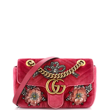 GUCCI GG Marmont Flap Bag Embellished Matelasse Velvet Mini